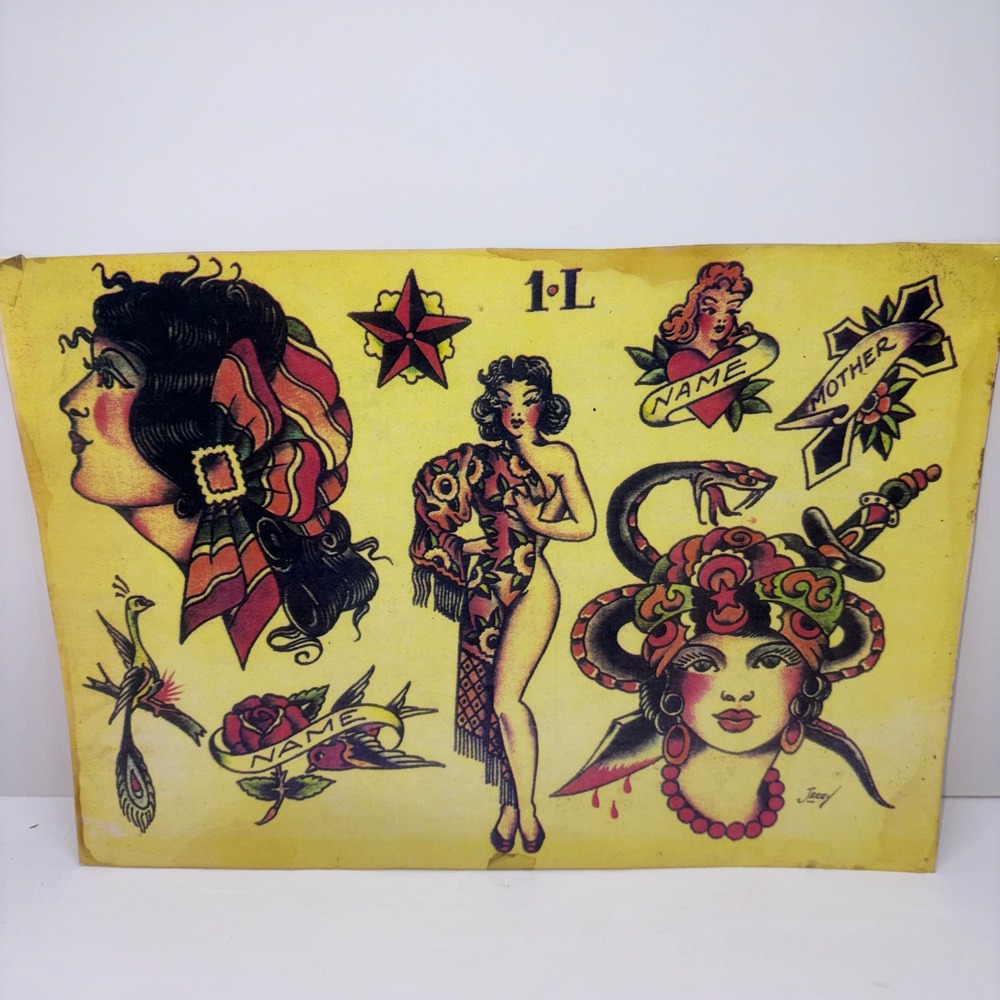 Vintage Sailor Jerry Flash Tattoo Sheet Art Print Unisex 11x14 Yellow